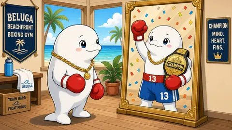 #013 in a beachfront boxing gym, looking in a mirror that shows him holding a champion belt