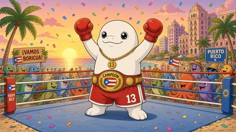 #013 in the ring at sunset with gloves raised and a Campeón belt, sea creatures cheering