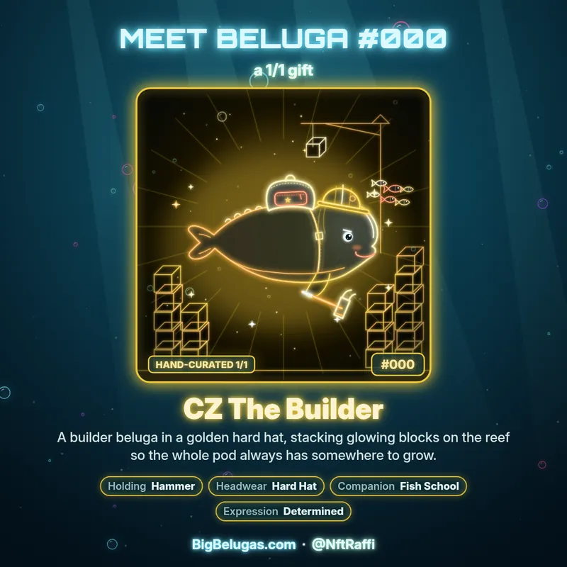 Meet Beluga #000, CZ The Builder: a gold neon beluga in a hard hat stacking glowing blocks